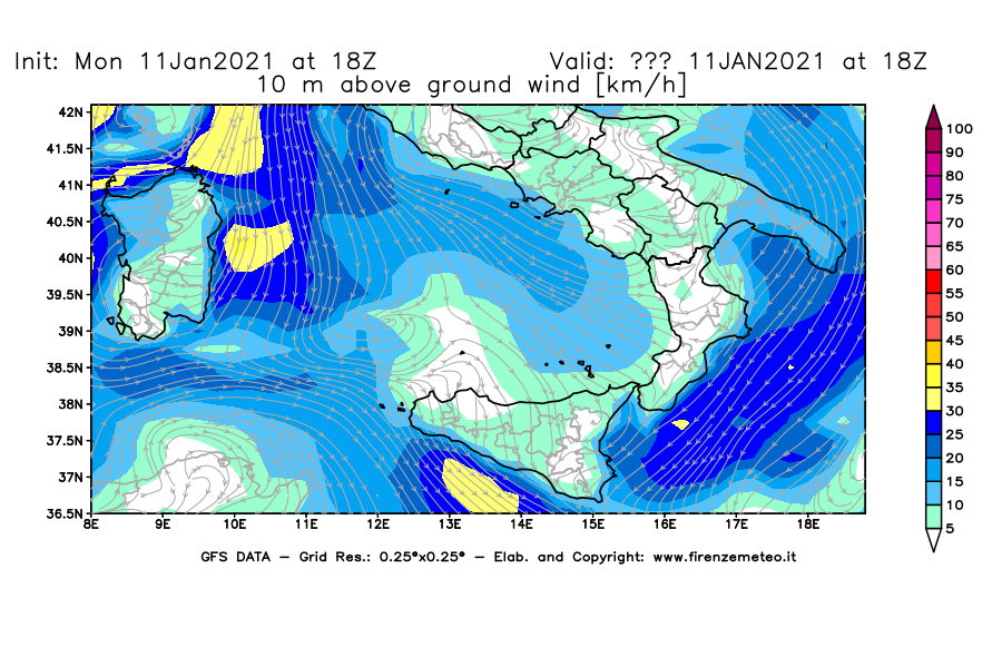 Mappa di analisi GFS - Velocità del vento a 10 metri dal suolo [km/h] in Sud-Italia
							del 11/01/2021 18 <!--googleoff: index-->UTC<!--googleon: index-->