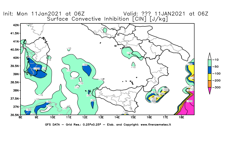 Mappa di analisi GFS - CIN [J/kg] in Sud-Italia
							del 11/01/2021 06 <!--googleoff: index-->UTC<!--googleon: index-->