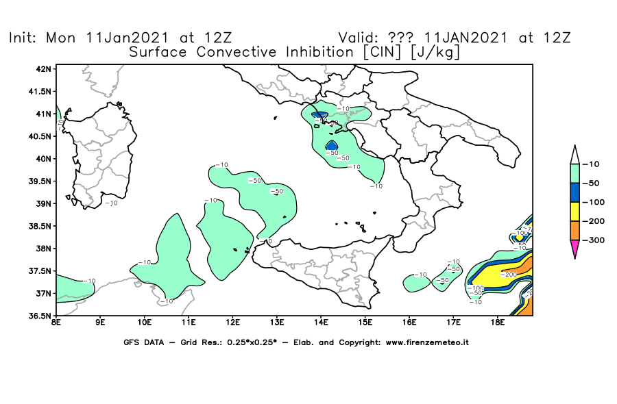 Mappa di analisi GFS - CIN [J/kg] in Sud-Italia
							del 11/01/2021 12 <!--googleoff: index-->UTC<!--googleon: index-->