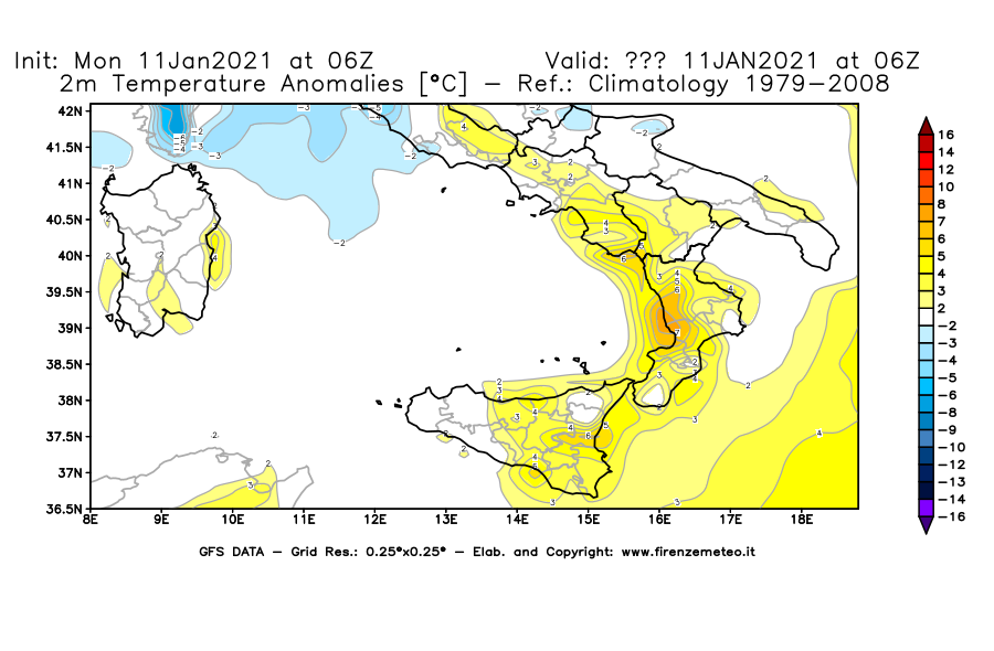 Mappa di analisi GFS - Anomalia Temperatura [°C] a 2 m in Sud-Italia
							del 11/01/2021 06 <!--googleoff: index-->UTC<!--googleon: index-->