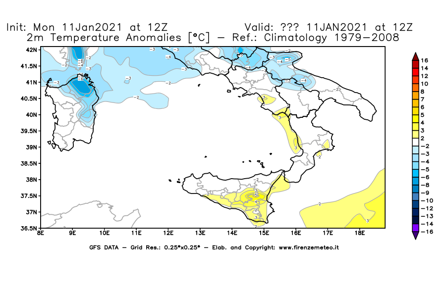 Mappa di analisi GFS - Anomalia Temperatura [°C] a 2 m in Sud-Italia
							del 11/01/2021 12 <!--googleoff: index-->UTC<!--googleon: index-->