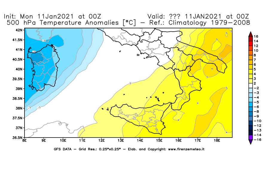 Mappa di analisi GFS - Anomalia Temperatura [°C] a 500 hPa in Sud-Italia
							del 11/01/2021 00 <!--googleoff: index-->UTC<!--googleon: index-->
