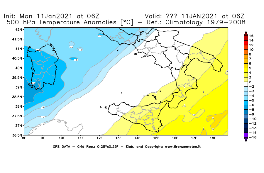 Mappa di analisi GFS - Anomalia Temperatura [°C] a 500 hPa in Sud-Italia
							del 11/01/2021 06 <!--googleoff: index-->UTC<!--googleon: index-->