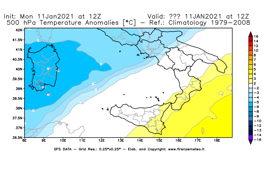 Mappa di analisi GFS - Anomalia Temperatura [°C] a 500 hPa in Sud-Italia
							del 11/01/2021 12 <!--googleoff: index-->UTC<!--googleon: index-->