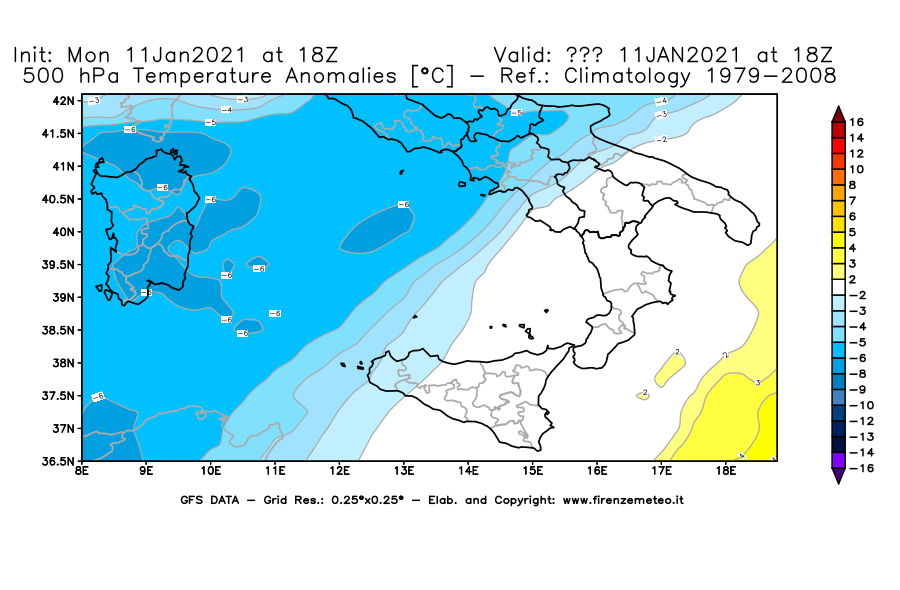 Mappa di analisi GFS - Anomalia Temperatura [°C] a 500 hPa in Sud-Italia
							del 11/01/2021 18 <!--googleoff: index-->UTC<!--googleon: index-->