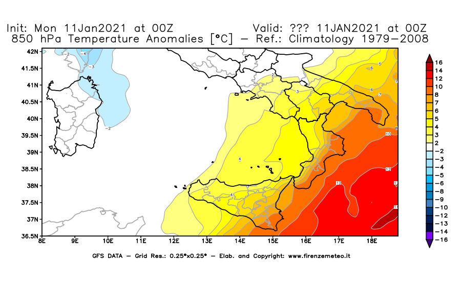 Mappa di analisi GFS - Anomalia Temperatura [°C] a 850 hPa in Sud-Italia
							del 11/01/2021 00 <!--googleoff: index-->UTC<!--googleon: index-->