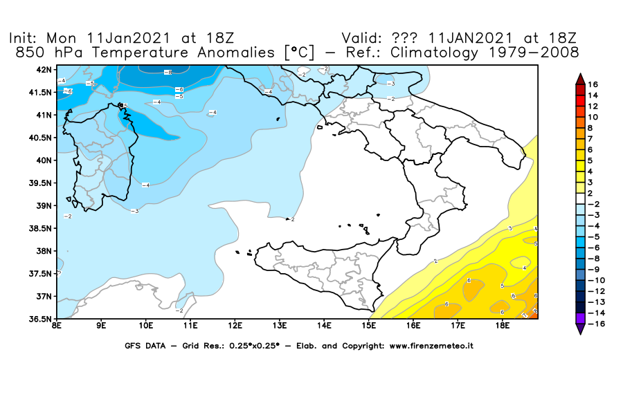 Mappa di analisi GFS - Anomalia Temperatura [°C] a 850 hPa in Sud-Italia
							del 11/01/2021 18 <!--googleoff: index-->UTC<!--googleon: index-->