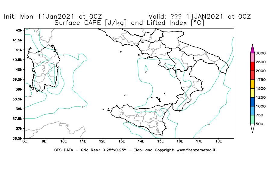 Mappa di analisi GFS - CAPE [J/kg] e Lifted Index [°C] in Sud-Italia
							del 11/01/2021 00 <!--googleoff: index-->UTC<!--googleon: index-->