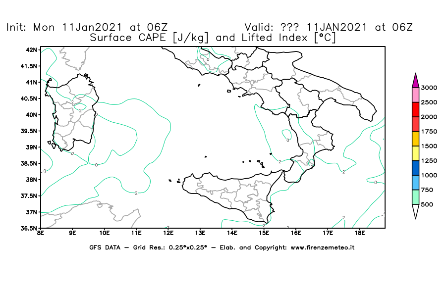 Mappa di analisi GFS - CAPE [J/kg] e Lifted Index [°C] in Sud-Italia
							del 11/01/2021 06 <!--googleoff: index-->UTC<!--googleon: index-->