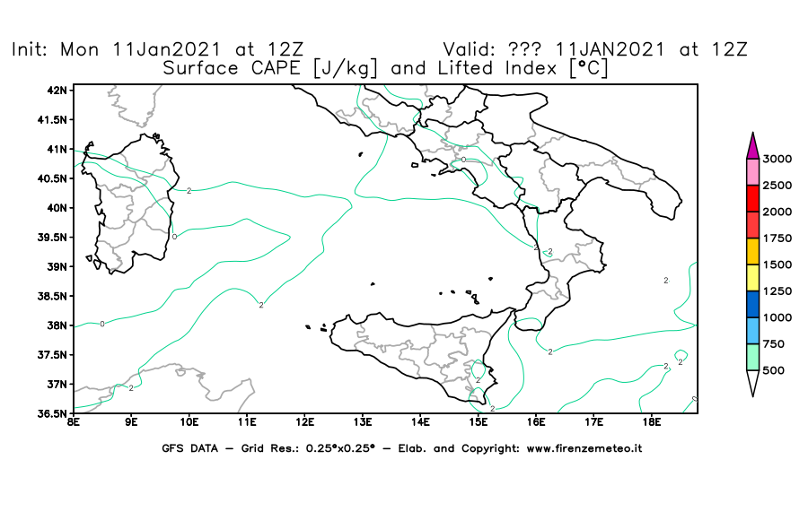 Mappa di analisi GFS - CAPE [J/kg] e Lifted Index [°C] in Sud-Italia
							del 11/01/2021 12 <!--googleoff: index-->UTC<!--googleon: index-->