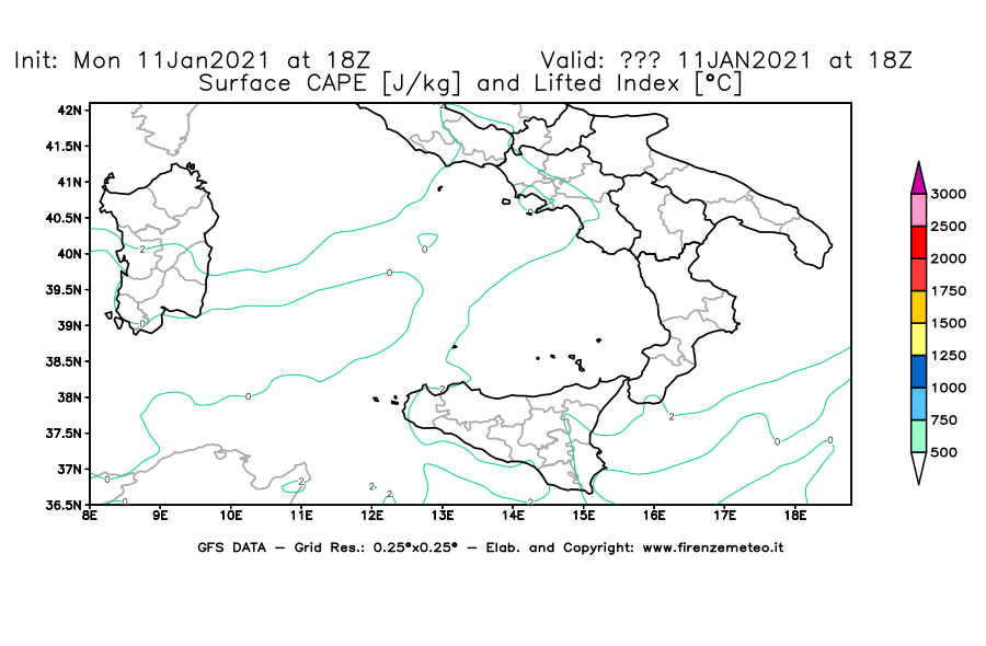 Mappa di analisi GFS - CAPE [J/kg] e Lifted Index [°C] in Sud-Italia
							del 11/01/2021 18 <!--googleoff: index-->UTC<!--googleon: index-->