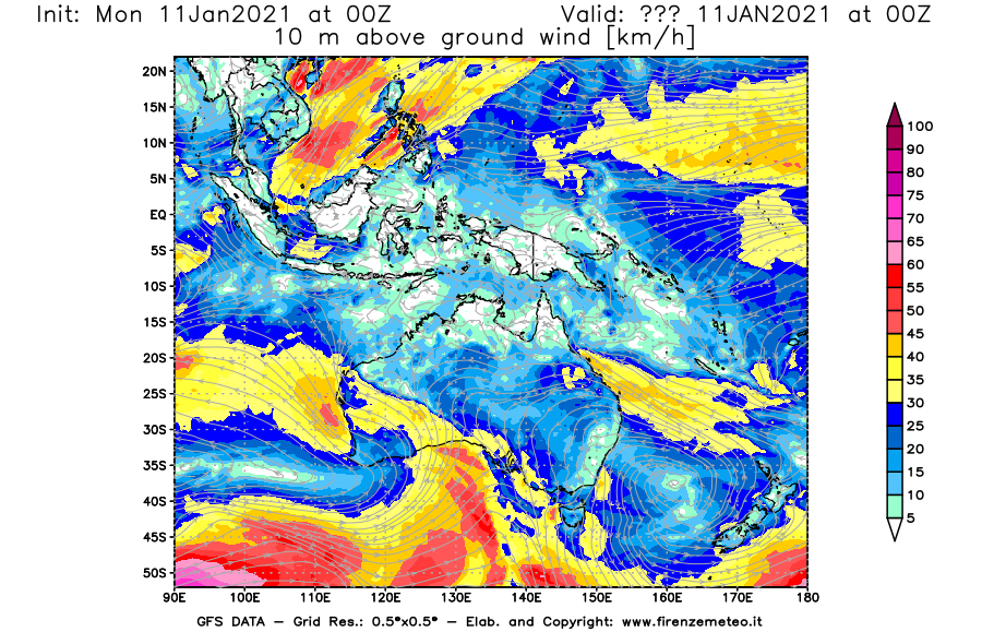 Mappa di analisi GFS - Velocità del vento a 10 metri dal suolo [km/h] in Oceania
							del 11/01/2021 00 <!--googleoff: index-->UTC<!--googleon: index-->