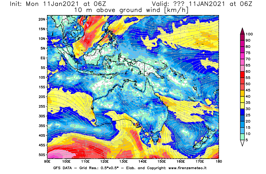 Mappa di analisi GFS - Velocità del vento a 10 metri dal suolo [km/h] in Oceania
							del 11/01/2021 06 <!--googleoff: index-->UTC<!--googleon: index-->