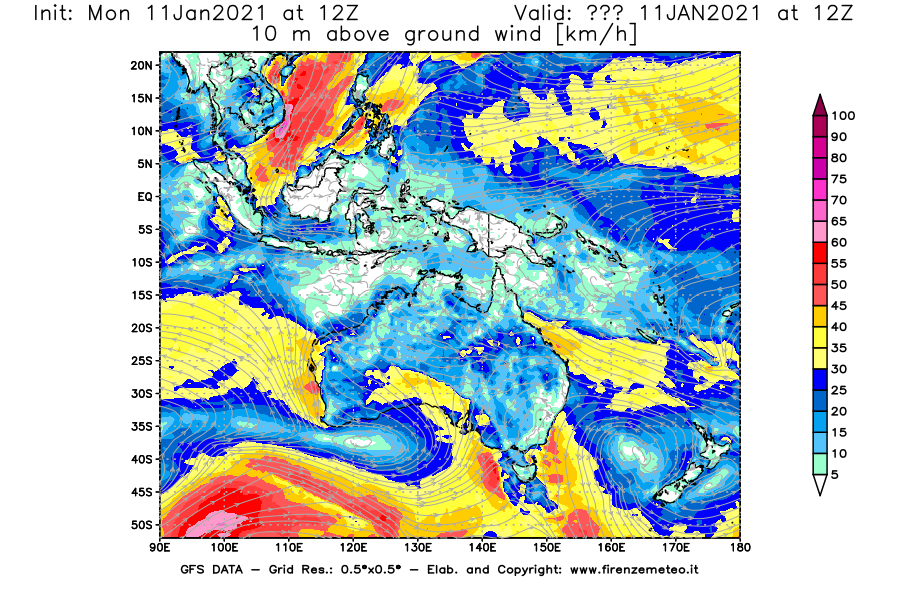 Mappa di analisi GFS - Velocità del vento a 10 metri dal suolo [km/h] in Oceania
							del 11/01/2021 12 <!--googleoff: index-->UTC<!--googleon: index-->