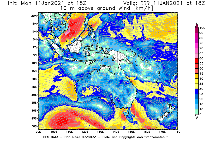 Mappa di analisi GFS - Velocità del vento a 10 metri dal suolo [km/h] in Oceania
							del 11/01/2021 18 <!--googleoff: index-->UTC<!--googleon: index-->