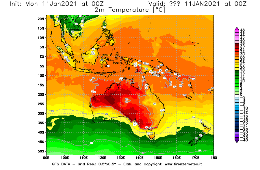 Mappa di analisi GFS - Temperatura a 2 metri dal suolo [°C] in Oceania
							del 11/01/2021 00 <!--googleoff: index-->UTC<!--googleon: index-->