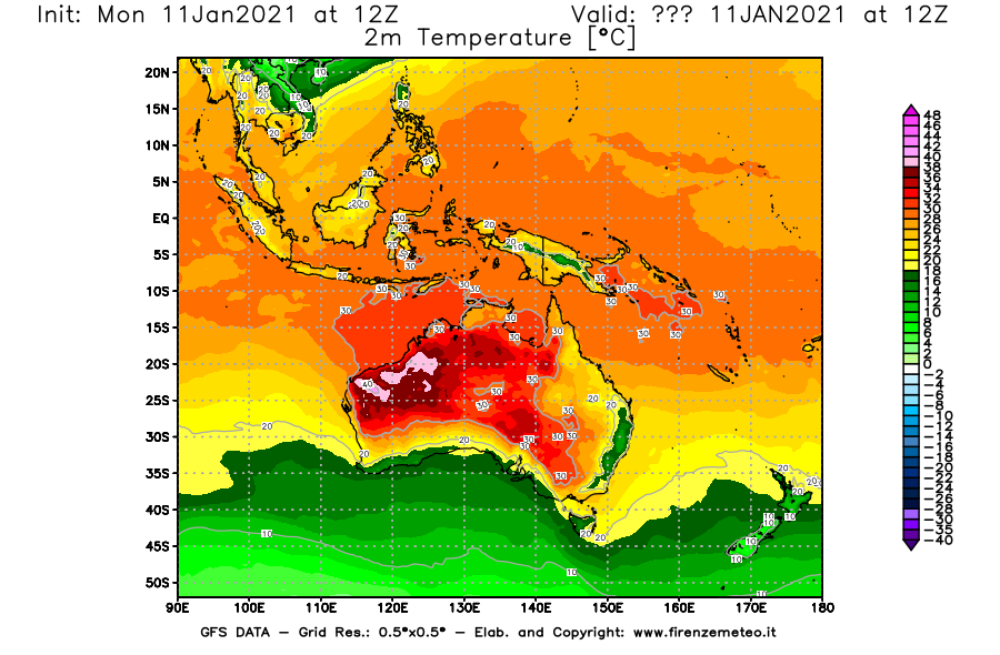 Mappa di analisi GFS - Temperatura a 2 metri dal suolo [°C] in Oceania
							del 11/01/2021 12 <!--googleoff: index-->UTC<!--googleon: index-->