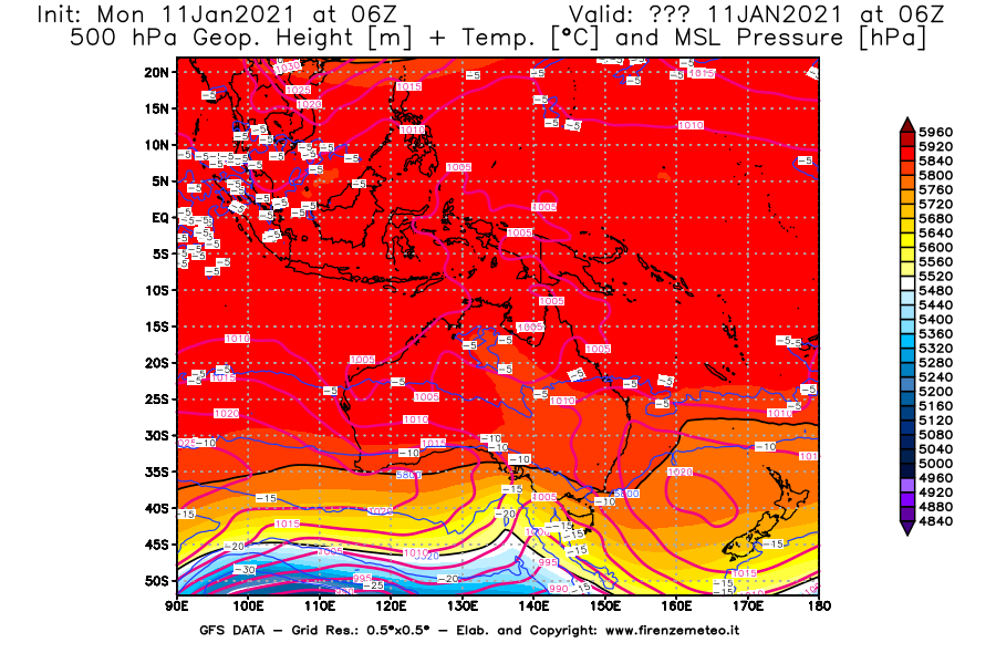 Mappa di analisi GFS - Geopotenziale [m] + Temp. [°C] a 500 hPa + Press. a livello del mare [hPa] in Oceania
							del 11/01/2021 06 <!--googleoff: index-->UTC<!--googleon: index-->