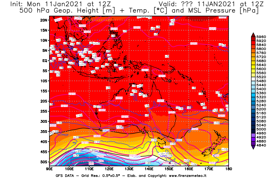 Mappa di analisi GFS - Geopotenziale [m] + Temp. [°C] a 500 hPa + Press. a livello del mare [hPa] in Oceania
							del 11/01/2021 12 <!--googleoff: index-->UTC<!--googleon: index-->