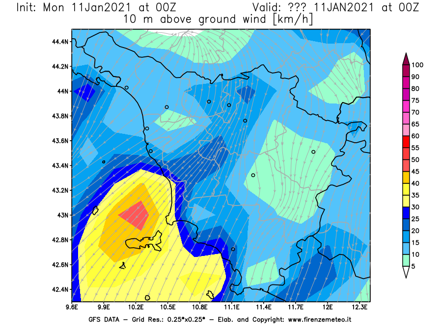 Mappa di analisi GFS - Velocità del vento a 10 metri dal suolo [km/h] in Toscana
							del 11/01/2021 00 <!--googleoff: index-->UTC<!--googleon: index-->