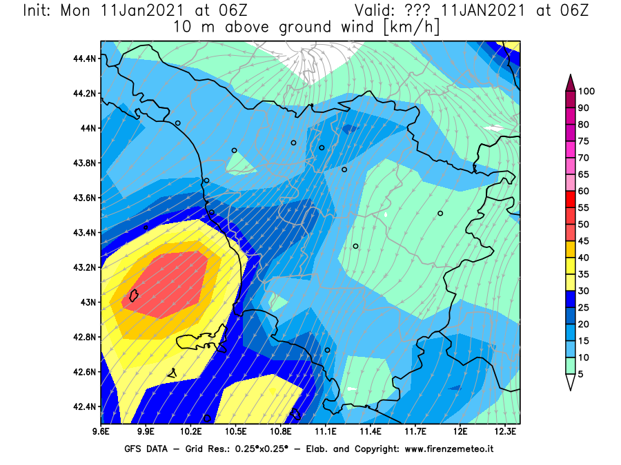 Mappa di analisi GFS - Velocità del vento a 10 metri dal suolo [km/h] in Toscana
							del 11/01/2021 06 <!--googleoff: index-->UTC<!--googleon: index-->