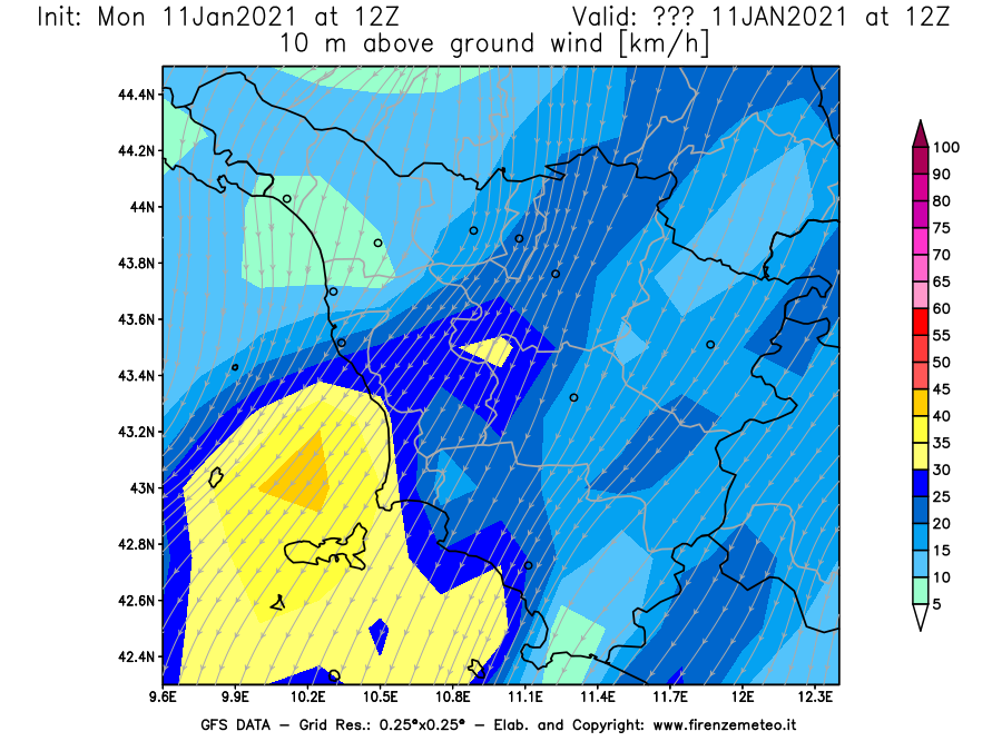 Mappa di analisi GFS - Velocità del vento a 10 metri dal suolo [km/h] in Toscana
							del 11/01/2021 12 <!--googleoff: index-->UTC<!--googleon: index-->