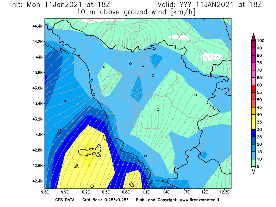 Mappa di analisi GFS - Velocità del vento a 10 metri dal suolo [km/h] in Toscana
							del 11/01/2021 18 <!--googleoff: index-->UTC<!--googleon: index-->
