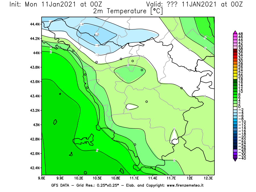 Mappa di analisi GFS - Temperatura a 2 metri dal suolo [°C] in Toscana
							del 11/01/2021 00 <!--googleoff: index-->UTC<!--googleon: index-->