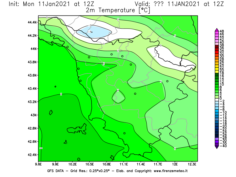 Mappa di analisi GFS - Temperatura a 2 metri dal suolo [°C] in Toscana
							del 11/01/2021 12 <!--googleoff: index-->UTC<!--googleon: index-->