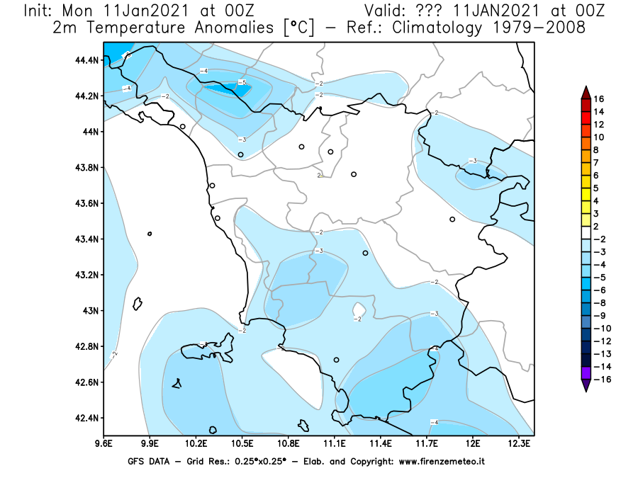 Mappa di analisi GFS - Anomalia Temperatura [°C] a 2 m in Toscana
							del 11/01/2021 00 <!--googleoff: index-->UTC<!--googleon: index-->