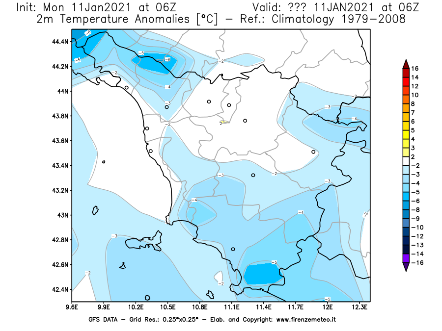 Mappa di analisi GFS - Anomalia Temperatura [°C] a 2 m in Toscana
							del 11/01/2021 06 <!--googleoff: index-->UTC<!--googleon: index-->