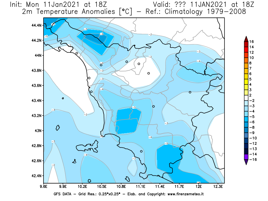 Mappa di analisi GFS - Anomalia Temperatura [°C] a 2 m in Toscana
							del 11/01/2021 18 <!--googleoff: index-->UTC<!--googleon: index-->