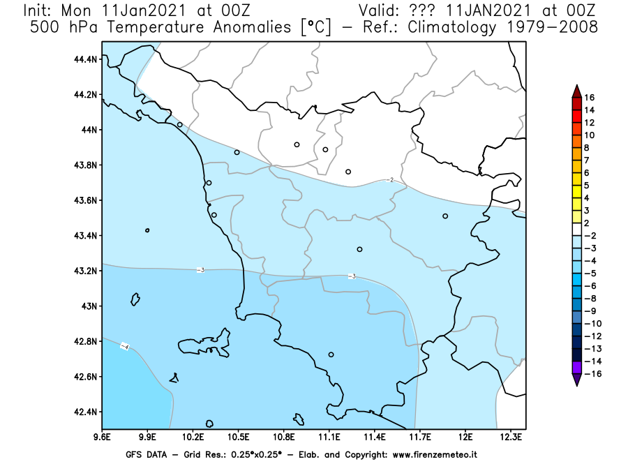 Mappa di analisi GFS - Anomalia Temperatura [°C] a 500 hPa in Toscana
							del 11/01/2021 00 <!--googleoff: index-->UTC<!--googleon: index-->