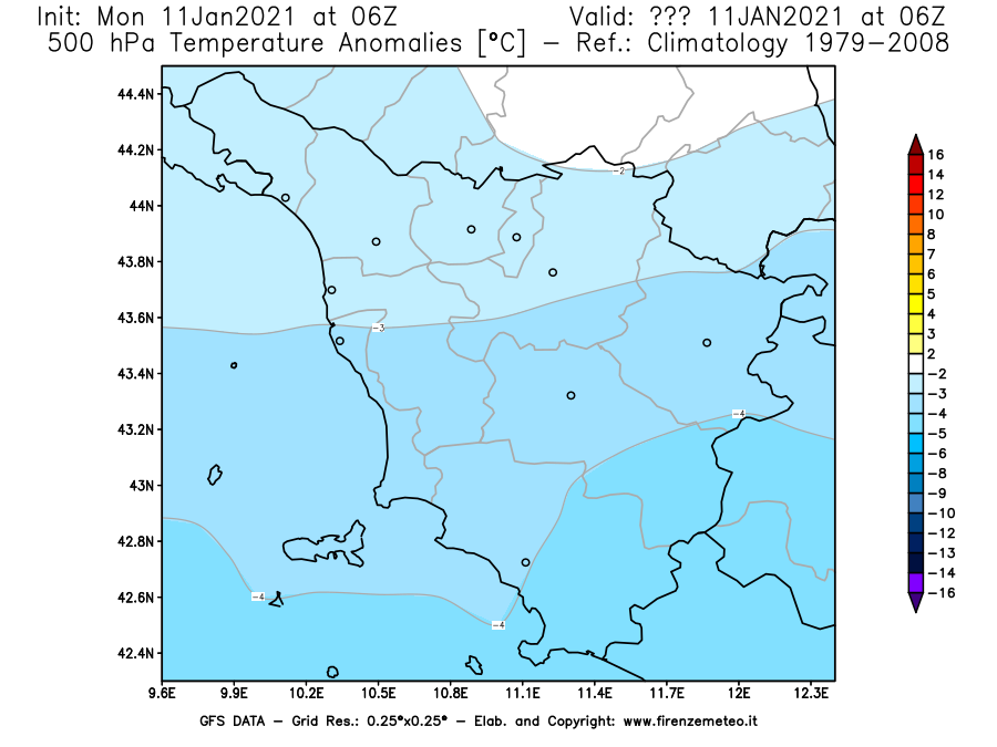 Mappa di analisi GFS - Anomalia Temperatura [°C] a 500 hPa in Toscana
							del 11/01/2021 06 <!--googleoff: index-->UTC<!--googleon: index-->