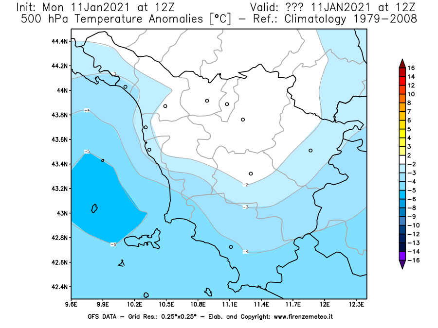 Mappa di analisi GFS - Anomalia Temperatura [°C] a 500 hPa in Toscana
							del 11/01/2021 12 <!--googleoff: index-->UTC<!--googleon: index-->