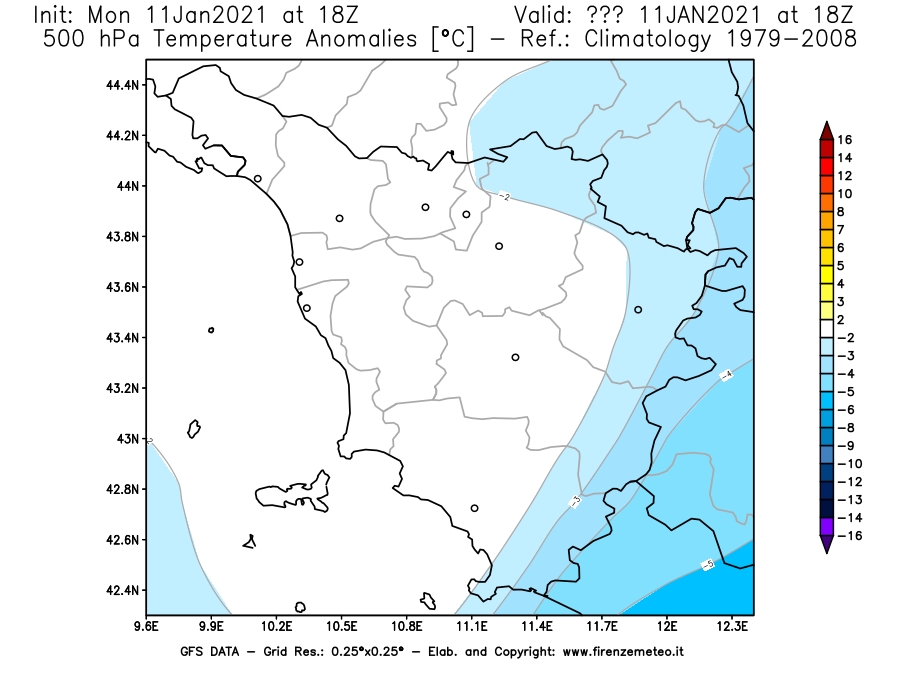 Mappa di analisi GFS - Anomalia Temperatura [°C] a 500 hPa in Toscana
							del 11/01/2021 18 <!--googleoff: index-->UTC<!--googleon: index-->