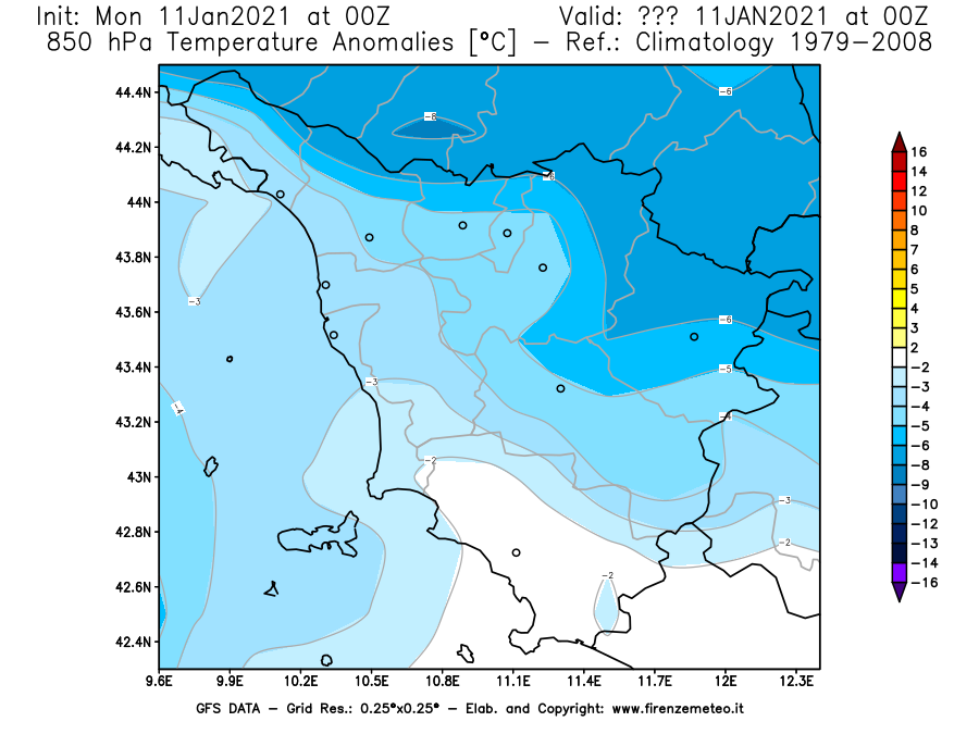 Mappa di analisi GFS - Anomalia Temperatura [°C] a 850 hPa in Toscana
							del 11/01/2021 00 <!--googleoff: index-->UTC<!--googleon: index-->