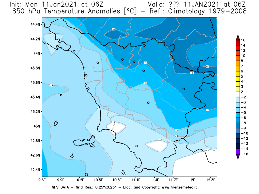 Mappa di analisi GFS - Anomalia Temperatura [°C] a 850 hPa in Toscana
							del 11/01/2021 06 <!--googleoff: index-->UTC<!--googleon: index-->