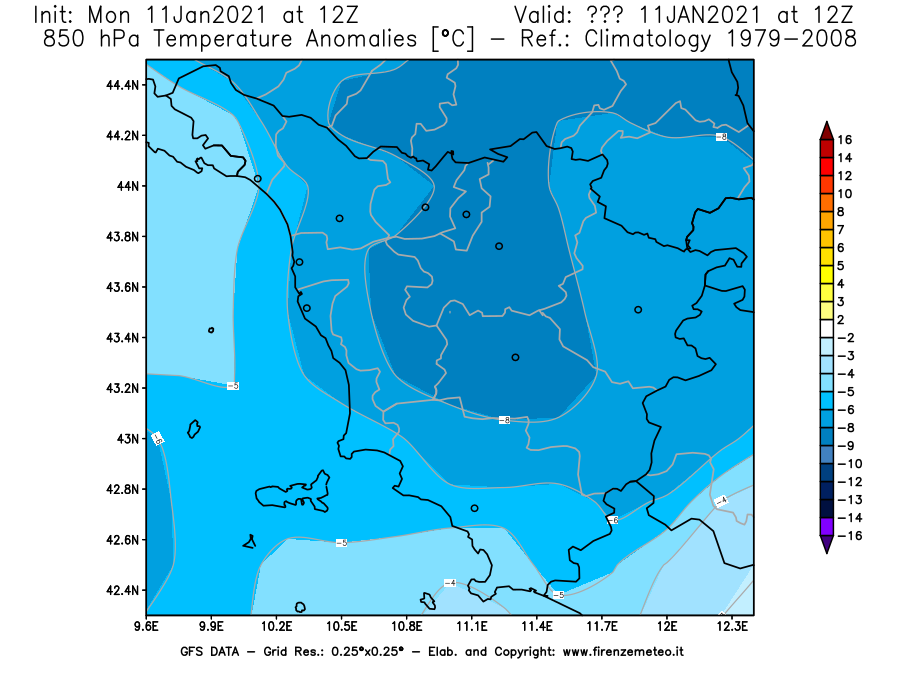 Mappa di analisi GFS - Anomalia Temperatura [°C] a 850 hPa in Toscana
							del 11/01/2021 12 <!--googleoff: index-->UTC<!--googleon: index-->