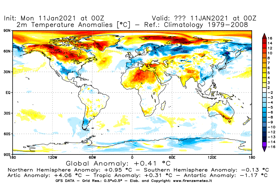 Mappa di analisi GFS - Anomalia Temperatura [°C] a 2 m in World
							del 11/01/2021 00 <!--googleoff: index-->UTC<!--googleon: index-->