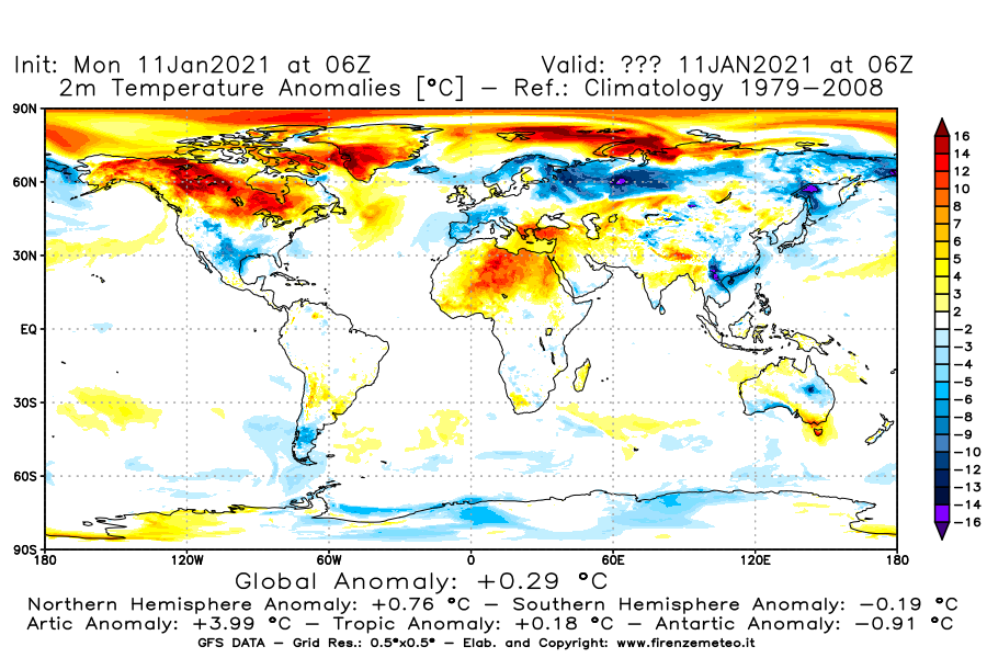 Mappa di analisi GFS - Anomalia Temperatura [°C] a 2 m in World
							del 11/01/2021 06 <!--googleoff: index-->UTC<!--googleon: index-->