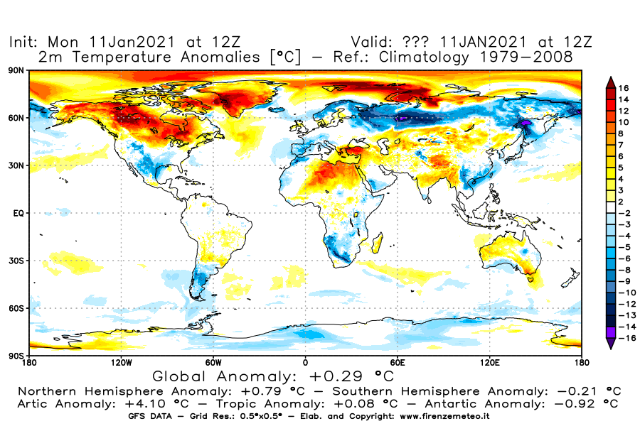 Mappa di analisi GFS - Anomalia Temperatura [°C] a 2 m in World
							del 11/01/2021 12 <!--googleoff: index-->UTC<!--googleon: index-->