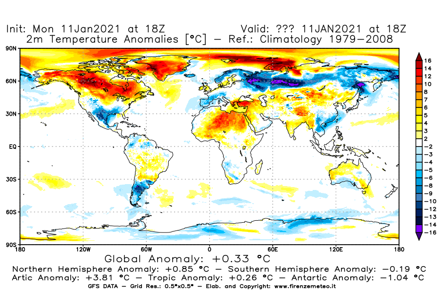 Mappa di analisi GFS - Anomalia Temperatura [°C] a 2 m in World
							del 11/01/2021 18 <!--googleoff: index-->UTC<!--googleon: index-->