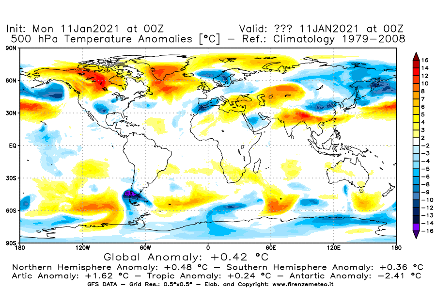 Mappa di analisi GFS - Anomalia Temperatura [°C] a 500 hPa in World
							del 11/01/2021 00 <!--googleoff: index-->UTC<!--googleon: index-->