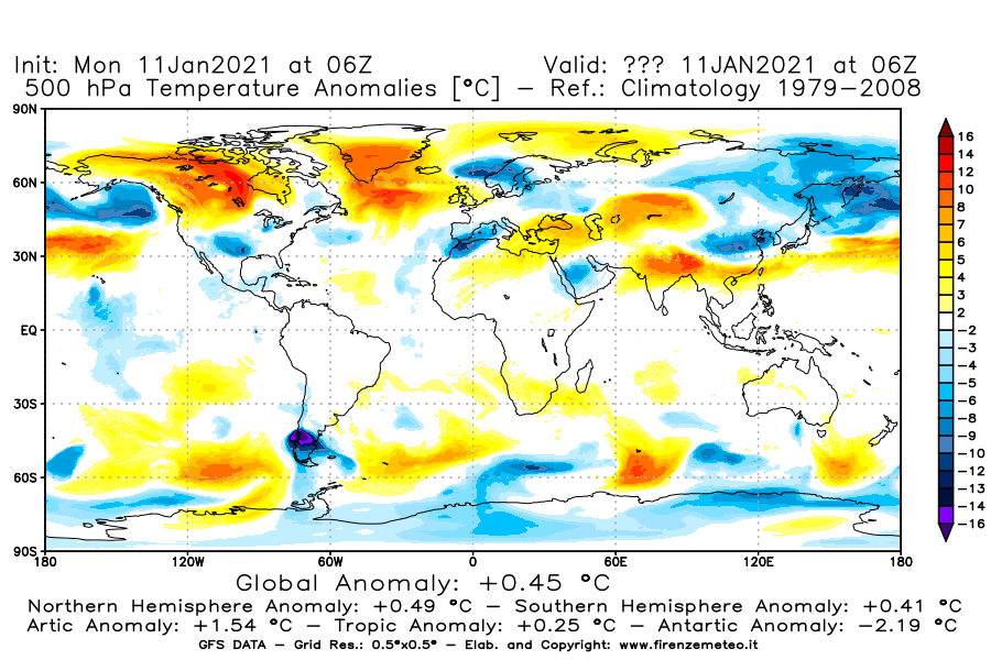 Mappa di analisi GFS - Anomalia Temperatura [°C] a 500 hPa in World
							del 11/01/2021 06 <!--googleoff: index-->UTC<!--googleon: index-->