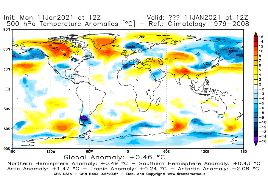 Mappa di analisi GFS - Anomalia Temperatura [°C] a 500 hPa in World
							del 11/01/2021 12 <!--googleoff: index-->UTC<!--googleon: index-->