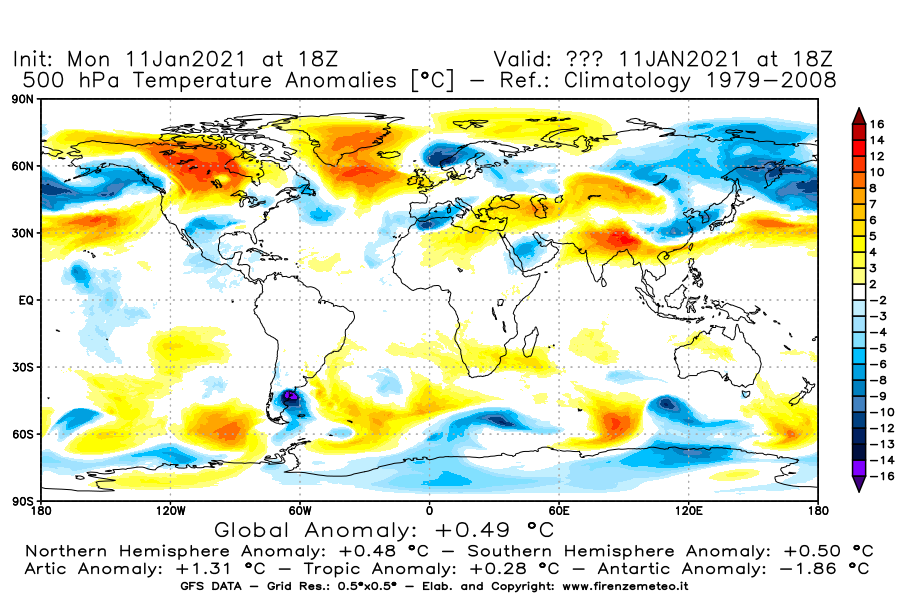 Mappa di analisi GFS - Anomalia Temperatura [°C] a 500 hPa in World
							del 11/01/2021 18 <!--googleoff: index-->UTC<!--googleon: index-->