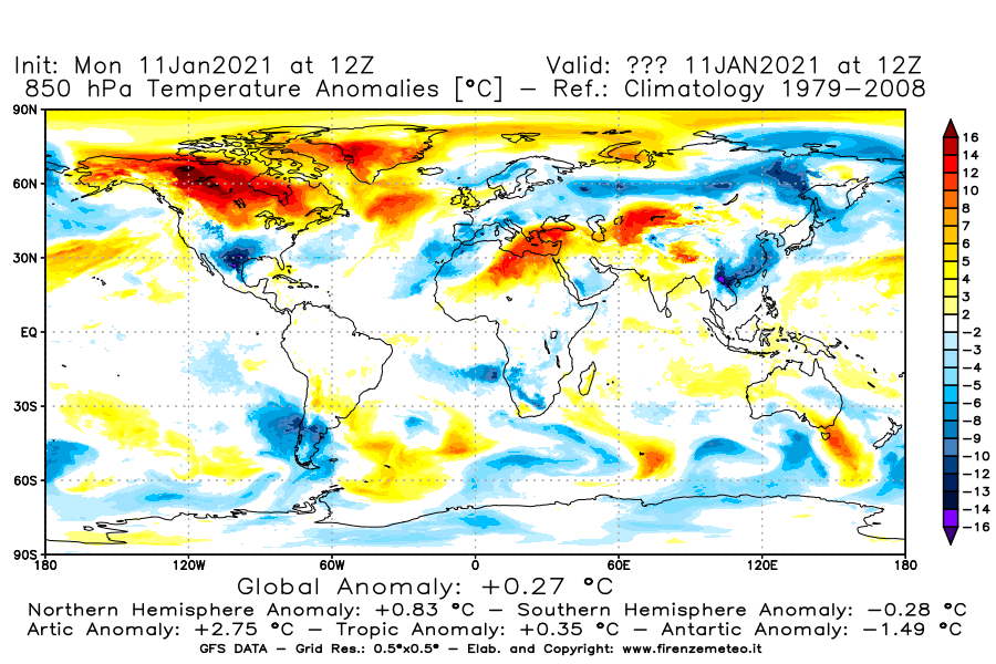 Mappa di analisi GFS - Anomalia Temperatura [°C] a 850 hPa in World
							del 11/01/2021 12 <!--googleoff: index-->UTC<!--googleon: index-->