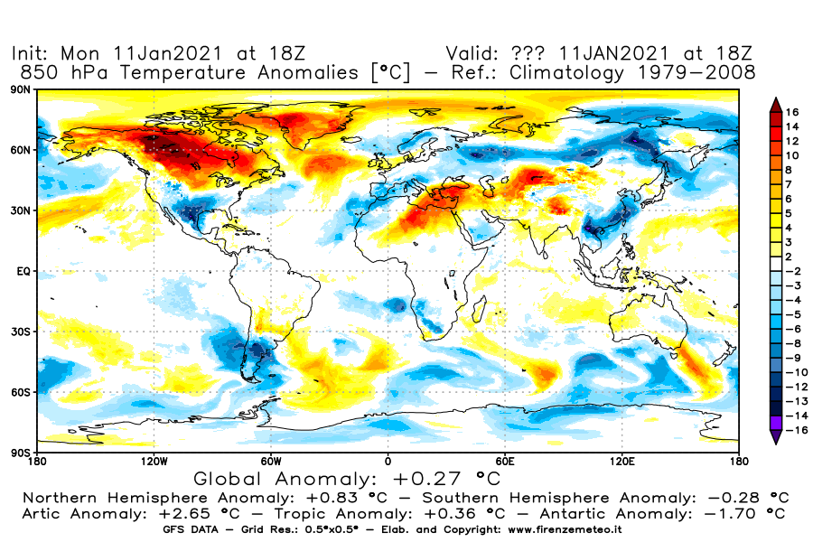 Mappa di analisi GFS - Anomalia Temperatura [°C] a 850 hPa in World
							del 11/01/2021 18 <!--googleoff: index-->UTC<!--googleon: index-->