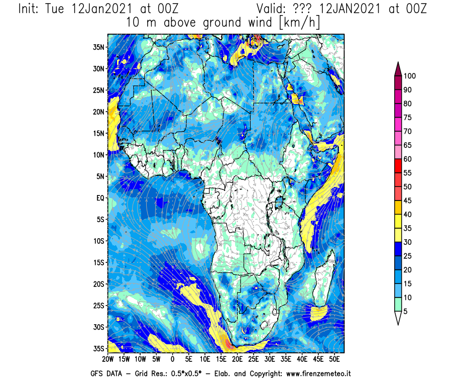 Mappa di analisi GFS - Velocità del vento a 10 metri dal suolo [km/h] in Africa
							del 12/01/2021 00 <!--googleoff: index-->UTC<!--googleon: index-->